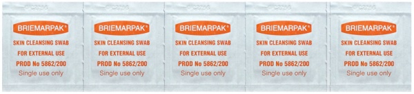 BRIEMARPAK SKIN CLEANSING SWABS 70 %ISOPROPYL ALCOHOL 28 %WATER FOR IRRIGATION 2 %CHLORHEXIDINE-200(5862/200)