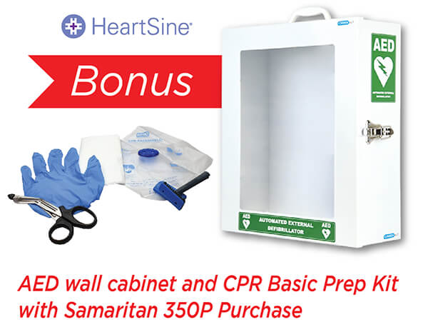 HEARTSINE SAMARITAN 350P SEMI AUTOMATIC DEFIBRILLATOR WITH BONUS WALL CABINET & PREP KIT