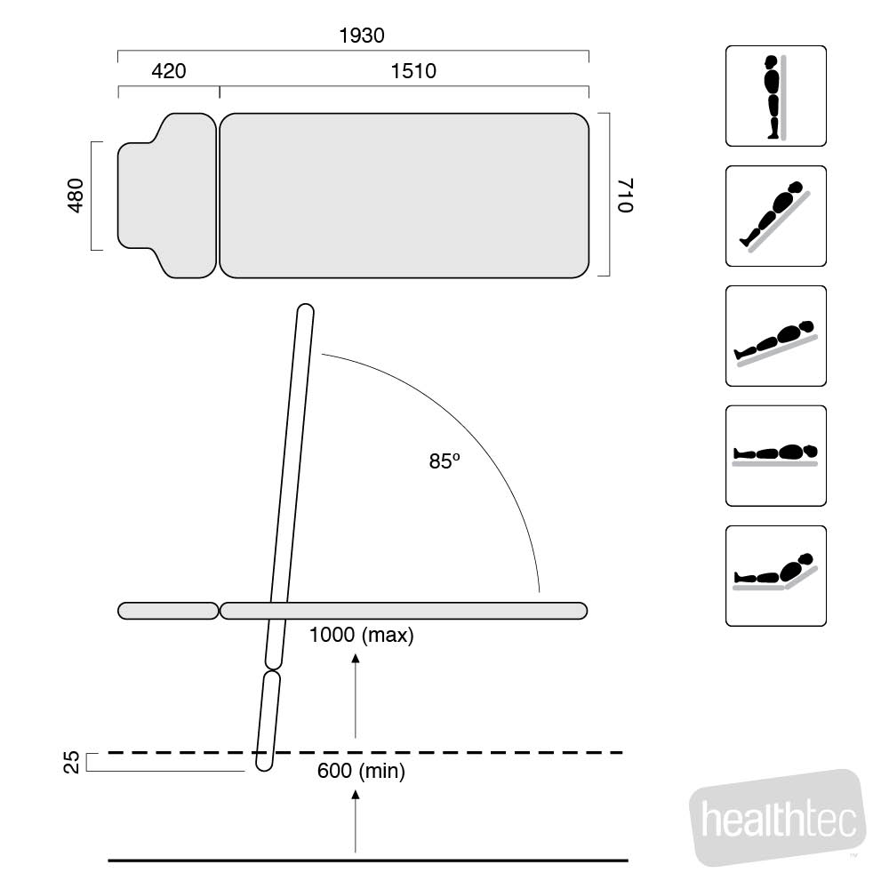 HEALTHTEC TILT TABLE (710 WIDE) - SINGLE SECTION W/CASTORS & SINGLE FOOTPLATE