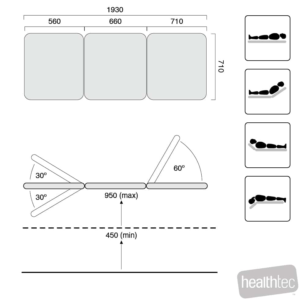 HEALTHTEC LYNX GP3 EXAMINATION COUCH/TABLE 3 SECTION  710MM WIDE, 250 SWL - ALL ELECTRIC