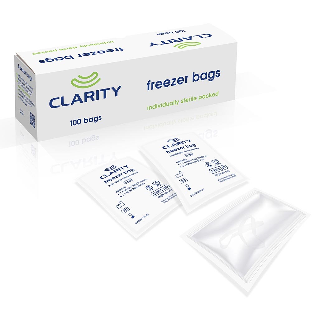 CLARITY STERILE FREEZER BAGS WITH 2 ELASTIC BANDS - 100