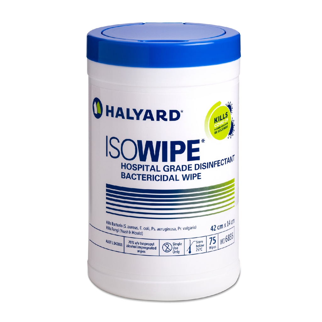 HALYARD ISOWIPE BACTERICIDAL HOSPITAL GRADE DISINFECTANT WIPE 6835 - 75/TUB