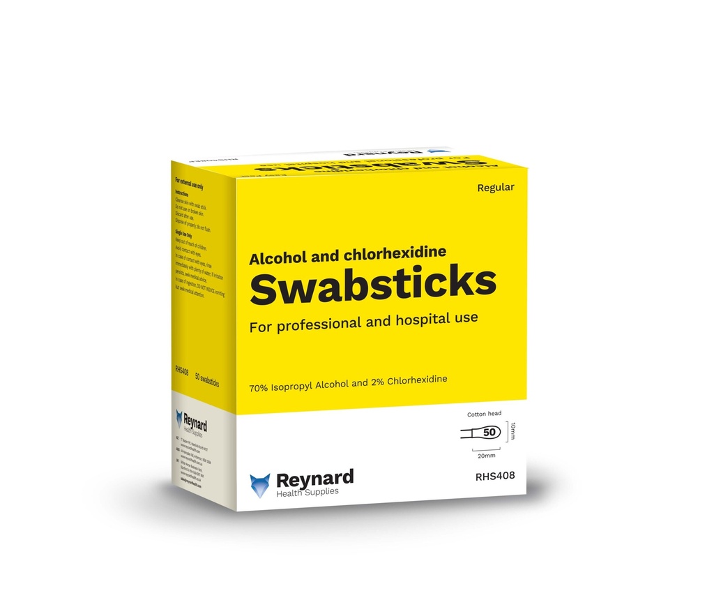 REYNARD 2 %  CHLORHEXIDINE 70 %  ALCOHOL SWAB STICKS (CLEAR) - BOX OF 50 (RHS408)