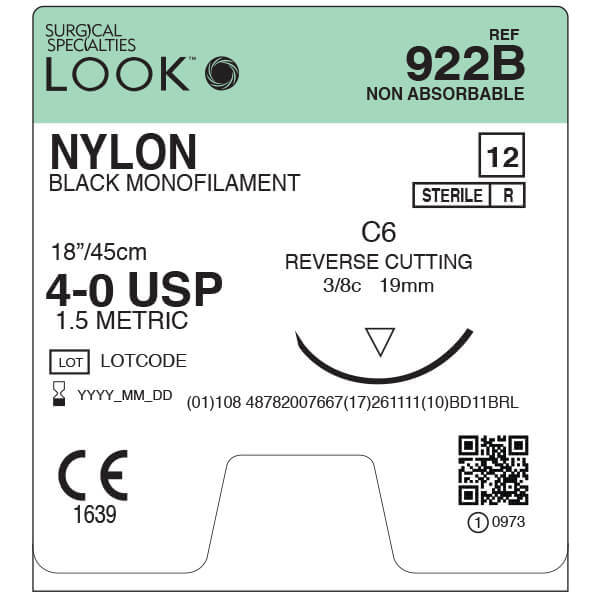 LOOK NYLON SUTURE 4/0 19MM NEEDLE 45CM THREAD 922B - Box of 12