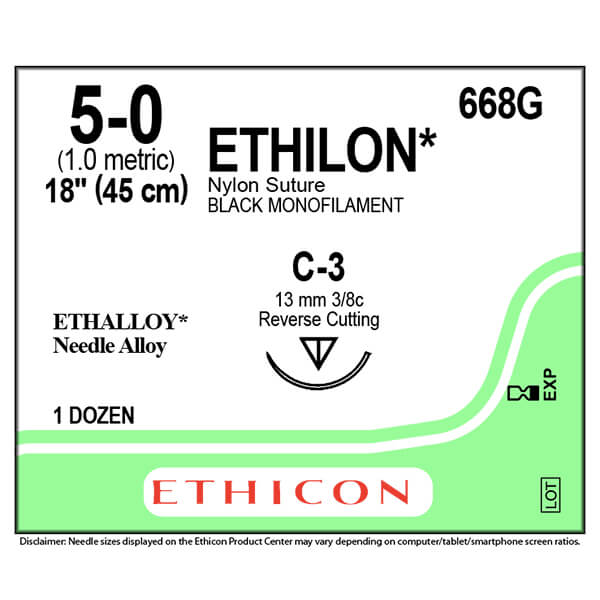 ETHILON NYLON SUTURE 5/0 13MM NEEDLE 45CM THREAD 668G BOX-12