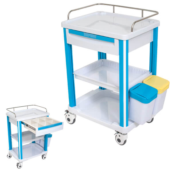 TASK ABS CLINICAL TROLLEY 1 DRAWER + DIVIDERS S/STEEL GUARD RAIL, 2 SHELF & 2 BINS 60(W)x50(D)x90(H)CM EACH