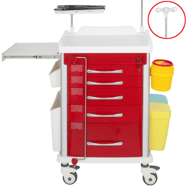 TASK EMERGENCY TROLLEY RED 5 DRAWER LOCKING BAR, DEFIB SHELF, IV POLE & ACCESSORIES 63(W)X48(D)X95(H)CM