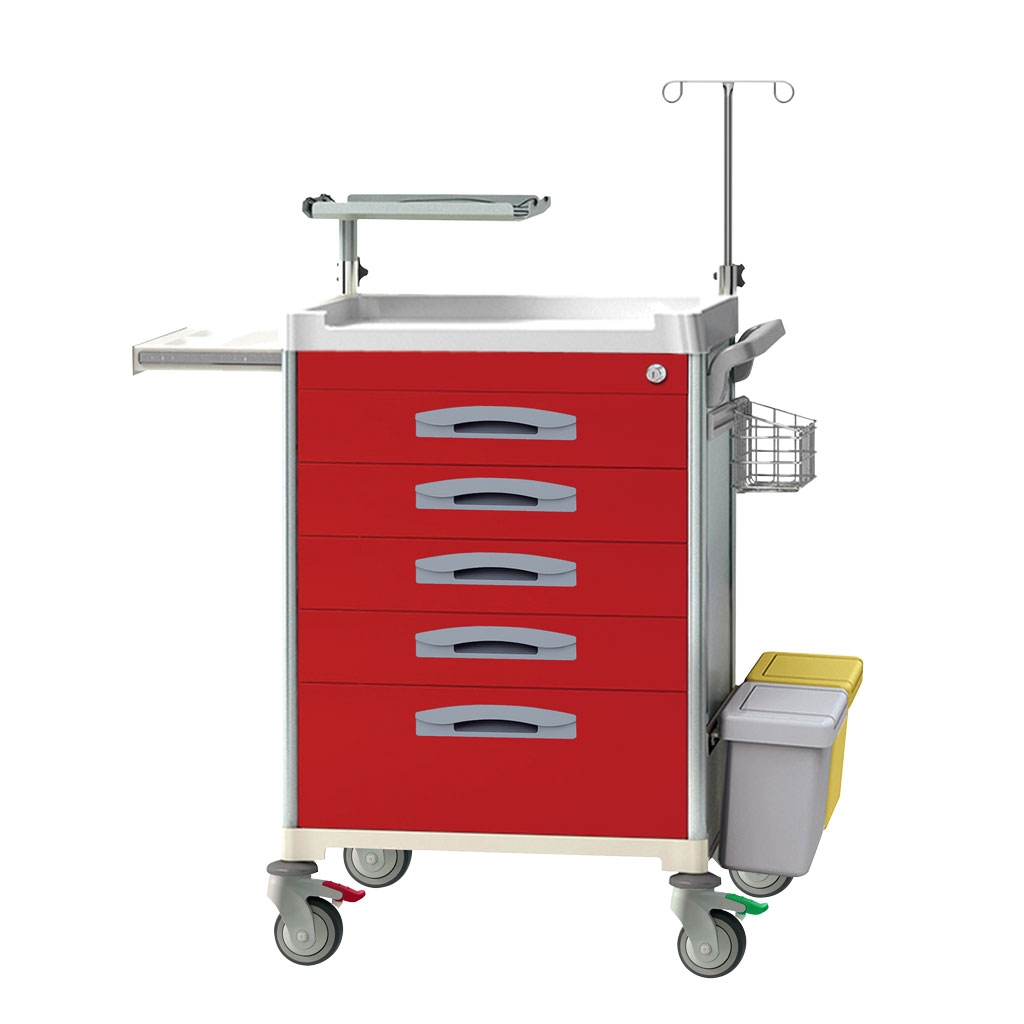 TASK EMERGENCY TROLLEY RED 5 DRAWER CENTRAL LOCKING, DEFIB SHELF, IV POLE & ACCESSORIES 63(W)X48(D)X95(H)CM