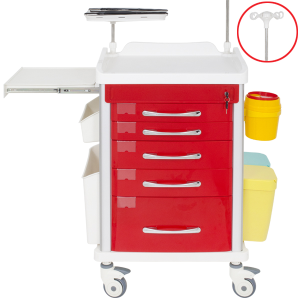 TASK EMERGENCY TROLLEY RED 5 DRAWER CENTRAL LOCKING, DEFIB SHELF, IV POLE & ACCESSORIES 63(W)X48(D)X95(H)CM