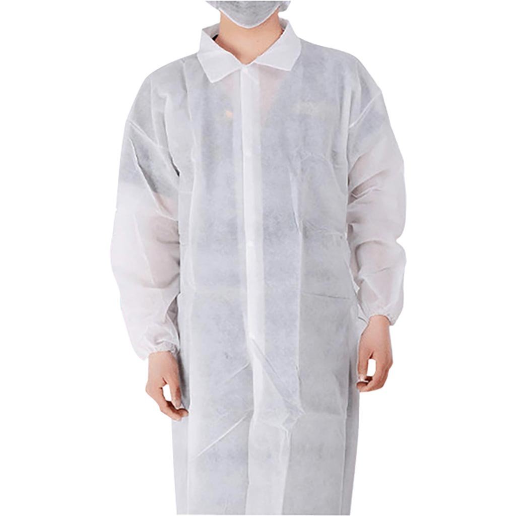 TASK DISPOSABLE NON WOVEN LAB COAT WHITE 145X120CM, LONG SLEEVES, 40GSM KNITTED CUFFS - Pack of 10