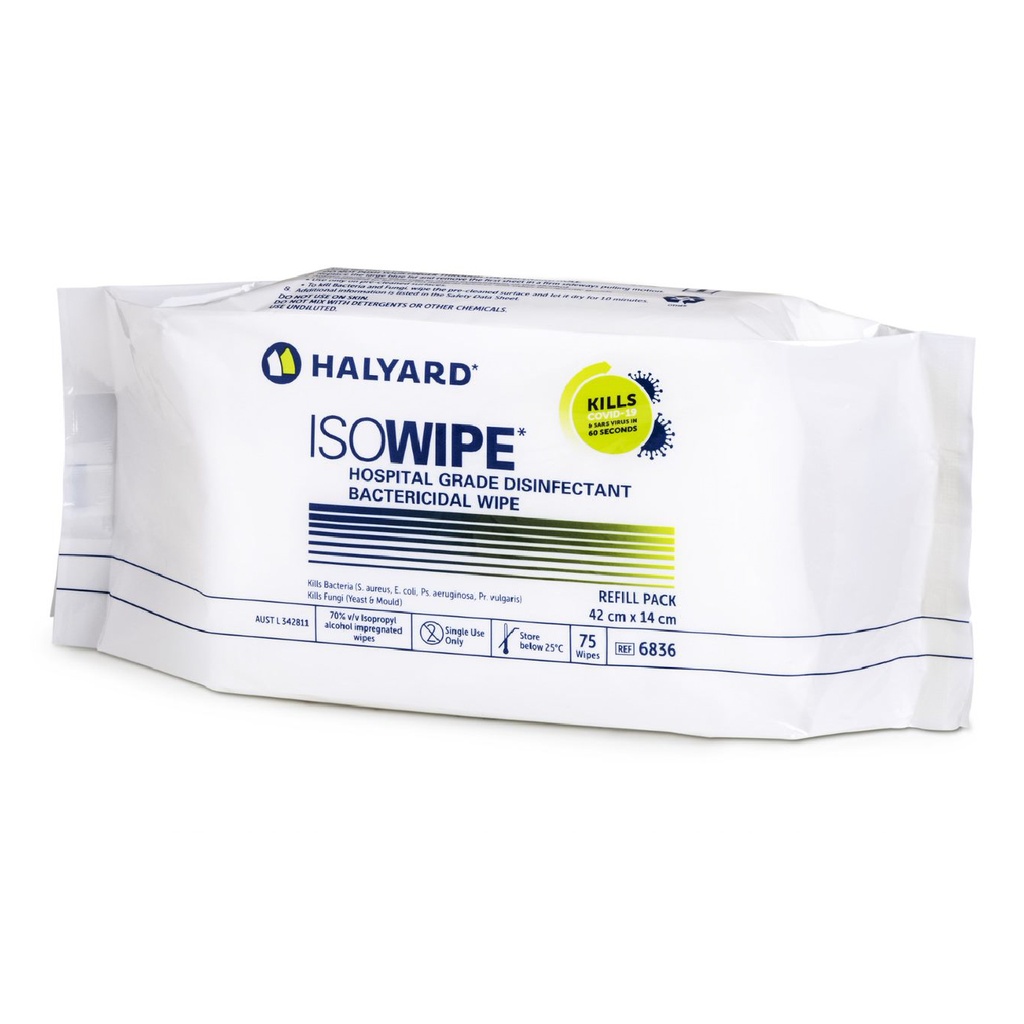 HALYARD ISOWIPE BACTERICIDAL HOSPITAL GRADE DISINFECTANT WIPE REFILL PACK 6836 - 75/PACK