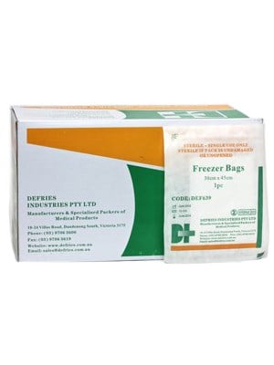 DEFRIES STERILE FREEZER BAG WITH 2 RUBBER BANDS- 30CMX45CM- 100