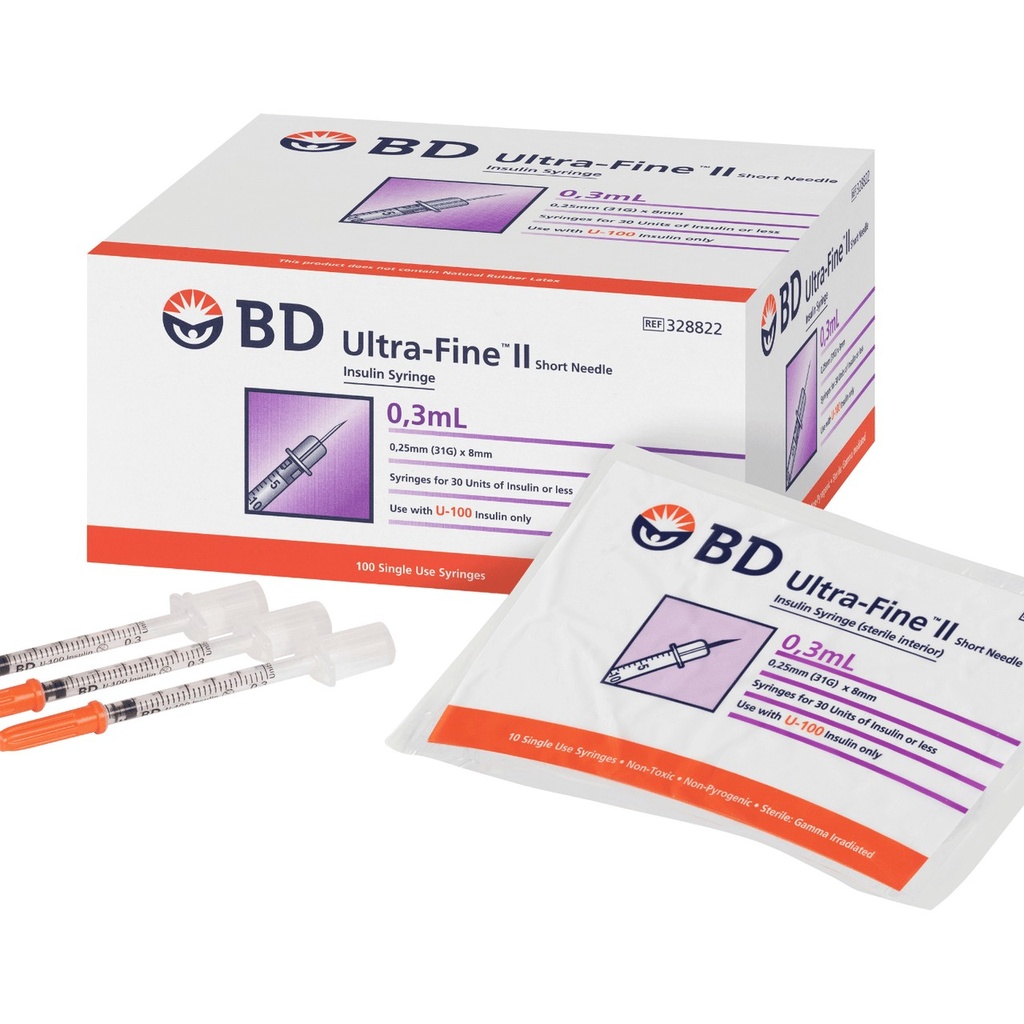 BD INSULIN SYRINGE 0.3ML WITH 31Gx8MM NEEDLE - Box of 100 (328822)