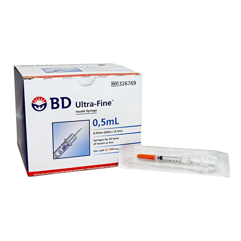 BD INSULIN SYRINGE 0.5ML WITH 29G x 13MM (.5") NEEDLE - Box of 100 (326769)