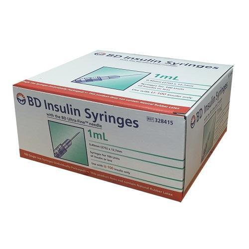 BD INSULIN SYRINGE 1ML WITH 27Gx13MM (.5") NEEDLE - Box of 100 (328415)