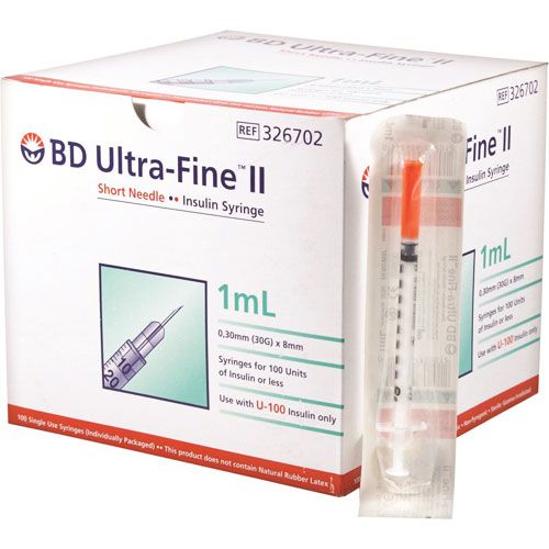 BD INSULIN SYRINGE 1ML WITH 30Gx8MM (5/16") NEEDLE (326702) - Box of 100