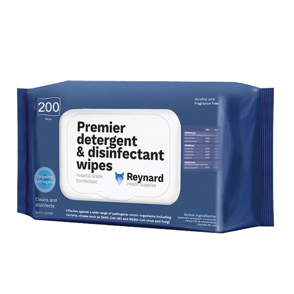REYNARD PREMIER DETERGENT & DISINFECTANT WIPES 28 X 22CM SOFT PACK RHS299 - Pack of 200
