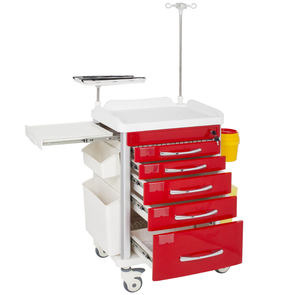 TASK EMERGENCY TROLLEY RED 5 DRAWER CENTRAL LOCKING, DEFIB SHELF, IV POLE & ACCESSORIES 63(W)x48(D)x95(H)CM