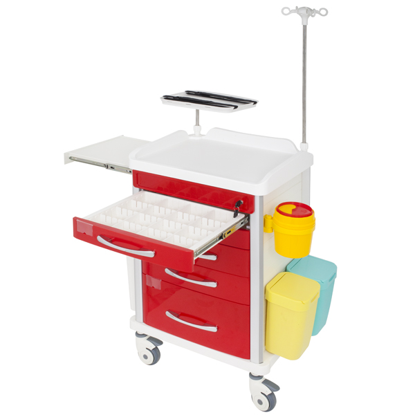 TASK EMERGENCY TROLLEY RED 5 DRAWER CENTRAL LOCKING, DEFIB SHELF, IV POLE & ACCESSORIES 63(W)x48(D)x95(H)CM