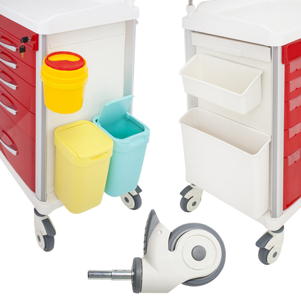 TASK EMERGENCY TROLLEY RED 5 DRAWER CENTRAL LOCKING, DEFIB SHELF, IV POLE & ACCESSORIES 63(W)x48(D)x95(H)CM