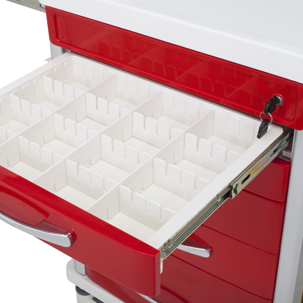 TASK EMERGENCY TROLLEY RED 5 DRAWER CENTRAL LOCKING, DEFIB SHELF, IV POLE & ACCESSORIES 63(W)x48(D)x95(H)CM