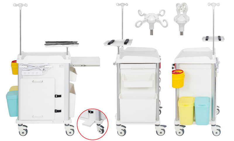 TASK EMERGENCY TROLLEY RED 5 DRAWER CENTRAL LOCKING, DEFIB SHELF, IV POLE & ACCESSORIES 63(W)x48(D)x95(H)CM