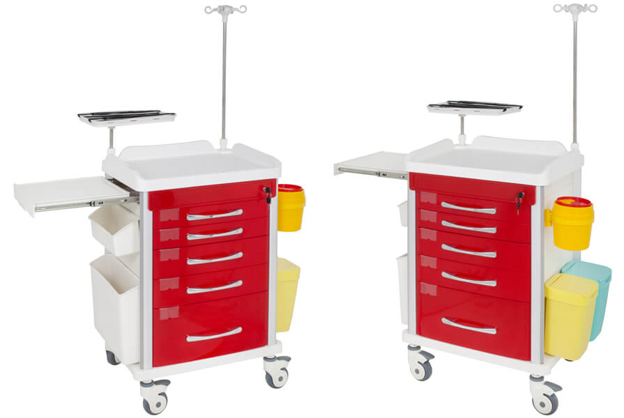 TASK EMERGENCY TROLLEY RED 5 DRAWER CENTRAL LOCKING, DEFIB SHELF, IV POLE & ACCESSORIES 63(W)x48(D)x95(H)CM