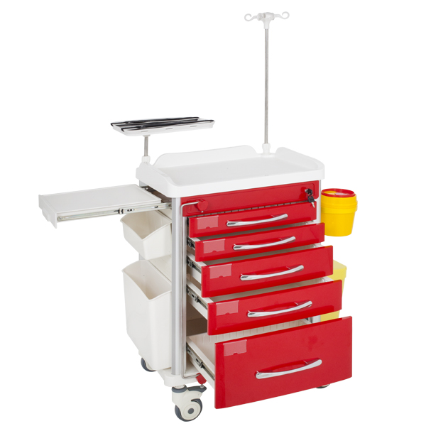 TASK EMERGENCY TROLLEY RED 5 DRAWER LOCKING BAR, DEFIB SHELF, IV POLE & ACCESSORIES 63(W)x48(D)x95(H)CM