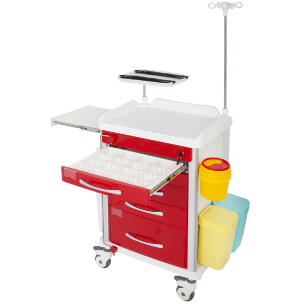 TASK EMERGENCY TROLLEY RED 5 DRAWER LOCKING BAR, DEFIB SHELF, IV POLE & ACCESSORIES 63(W)x48(D)x95(H)CM