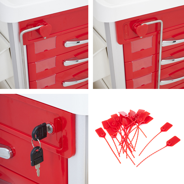 TASK EMERGENCY TROLLEY RED 5 DRAWER LOCKING BAR, DEFIB SHELF, IV POLE & ACCESSORIES 63(W)x48(D)x95(H)CM