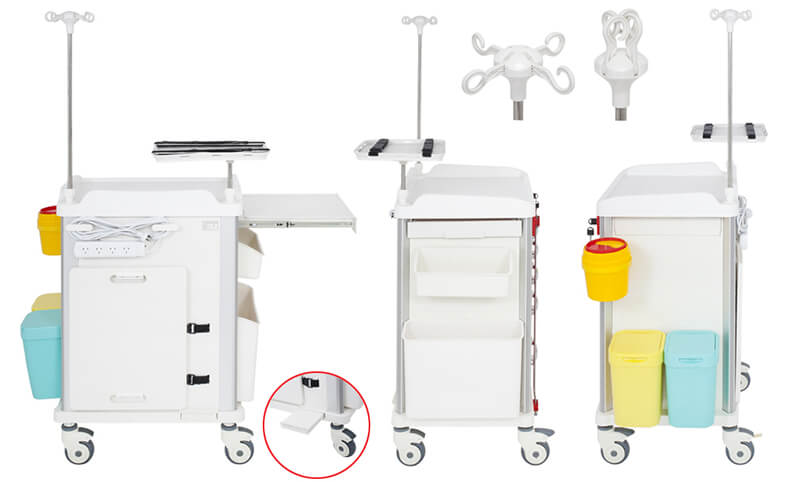 TASK EMERGENCY TROLLEY RED 5 DRAWER LOCKING BAR, DEFIB SHELF, IV POLE & ACCESSORIES 63(W)x48(D)x95(H)CM