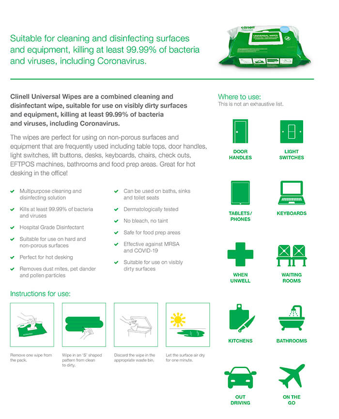CLINELL UNIVERSAL DISINFECTANT WIPES SOFT PACK - 200 (CW200AUS)