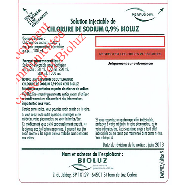 SODIUM CHLORIDE 0.9% SOLUTION PVC BAG 1000ml - Box of 10