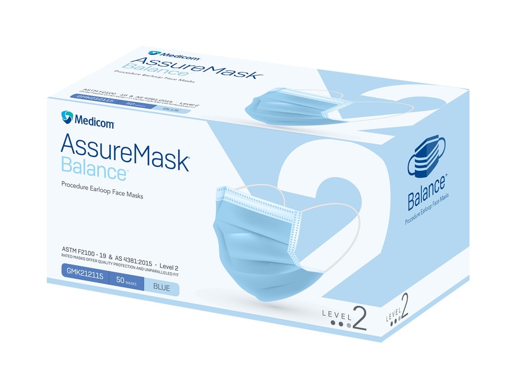 MEDICOM ASSURE LEVEL 2 BLUE FACE MASK WITH EARLOOP - 50 (GMK212115)