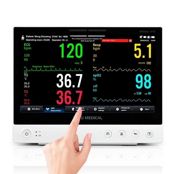 AiView V10 PATIENT MONITOR 5 LEAD ECG, SPO2, NIBP, RESP, PR, TEMP PRINTER & 11.6" COLOUR TOUCH SCREEN