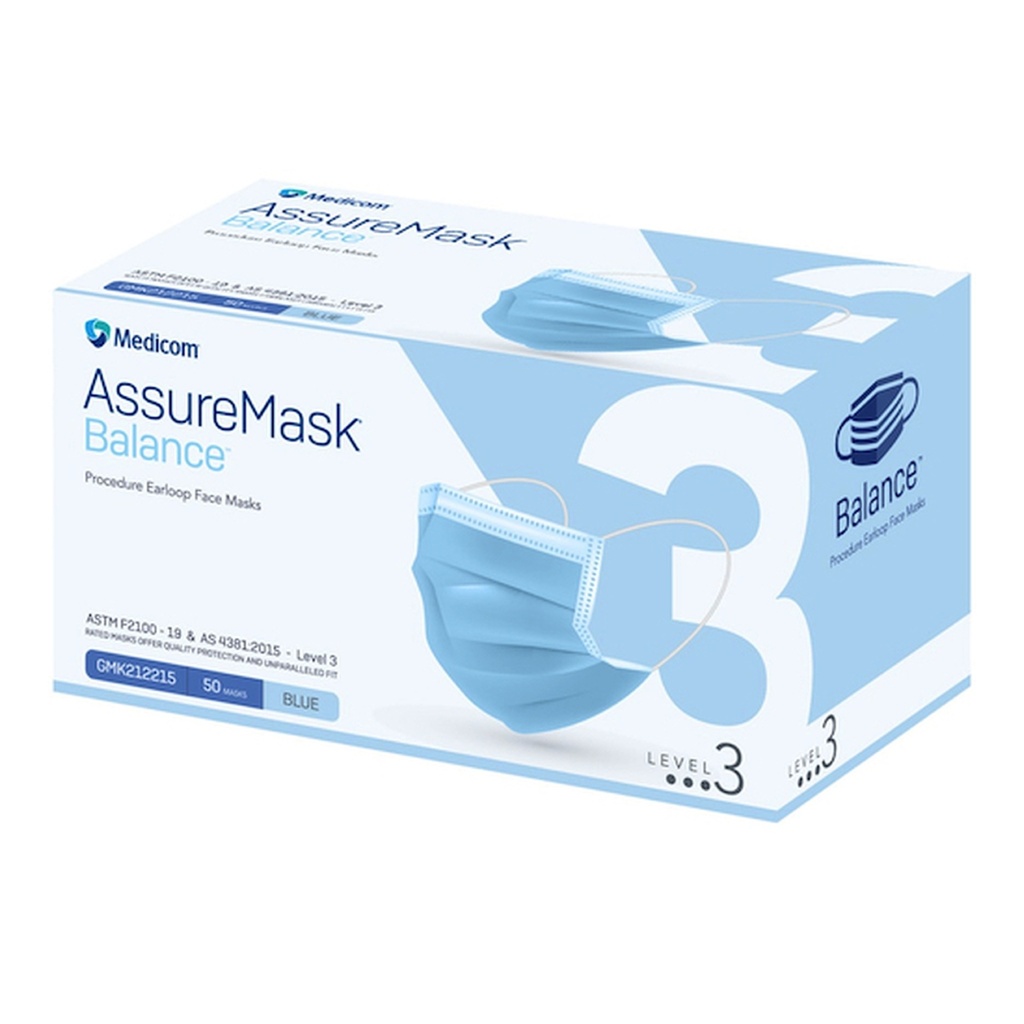 MEDICOM ASSURE LEVEL 3 BLUE FACE MASK WITH EARLOOP - 50 (GMK212215)