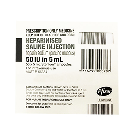 S4 HEPARINISED SALINE 50IU 5ML - 50
