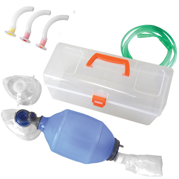 ADULT MANUAL RESUSCITATOR KIT IN CASE RESUSCITATOR, 2.5 LTR BAG, O2 TUBING, # 4 & 5 MASK, #2, 3, & 4 GUEDEL AIRWAY