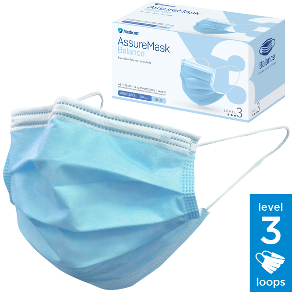 MEDICOM ASSURE LEVEL 3 BLUE FACE MASK WITH EARLOOP - 50 (GMK212215)