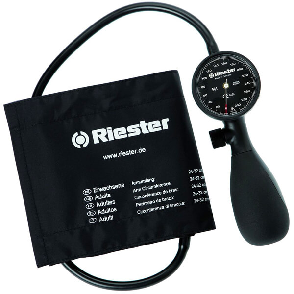 RIESTER R1 ANEROID SPHYGMOMANOMETER SHOCK PROOF WITH 1 TUBE ADULT CUFF BLACK RI.1250-107LF EACH