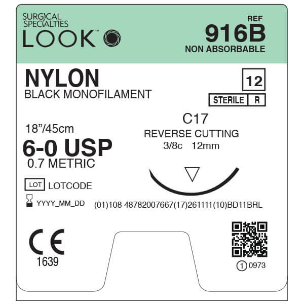 LOOK NYLON SUTURE 6/0 12MM NEEDLE 45CM THREAD 916B - Box of 12