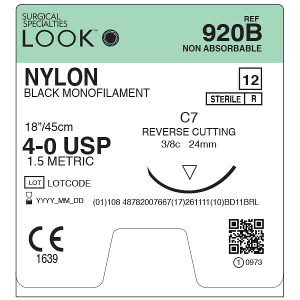 LOOK NYLON SUTURE 4/0 24MM NEEDLE 45CM THREAD 920B - 12