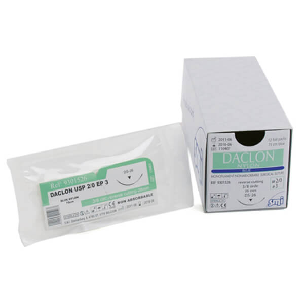 DACLON NYLON SUTURES 2/0 24MM NEEDLE 3/8 REVERSE CUTTING 75CM THREAD (SM9301524) - Box of 12