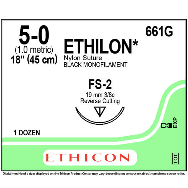 ETHILON NYLON SUTURE 5/0 19MM NEEDLE 45CM THREAD BLACK 661G BOX-12