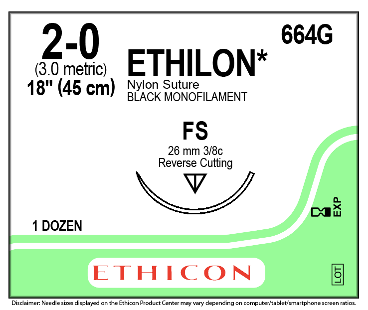 ETHILON NYLON SUTURE 2/0 26MM NEEDLE 45CM THREAD 664G BOX-12