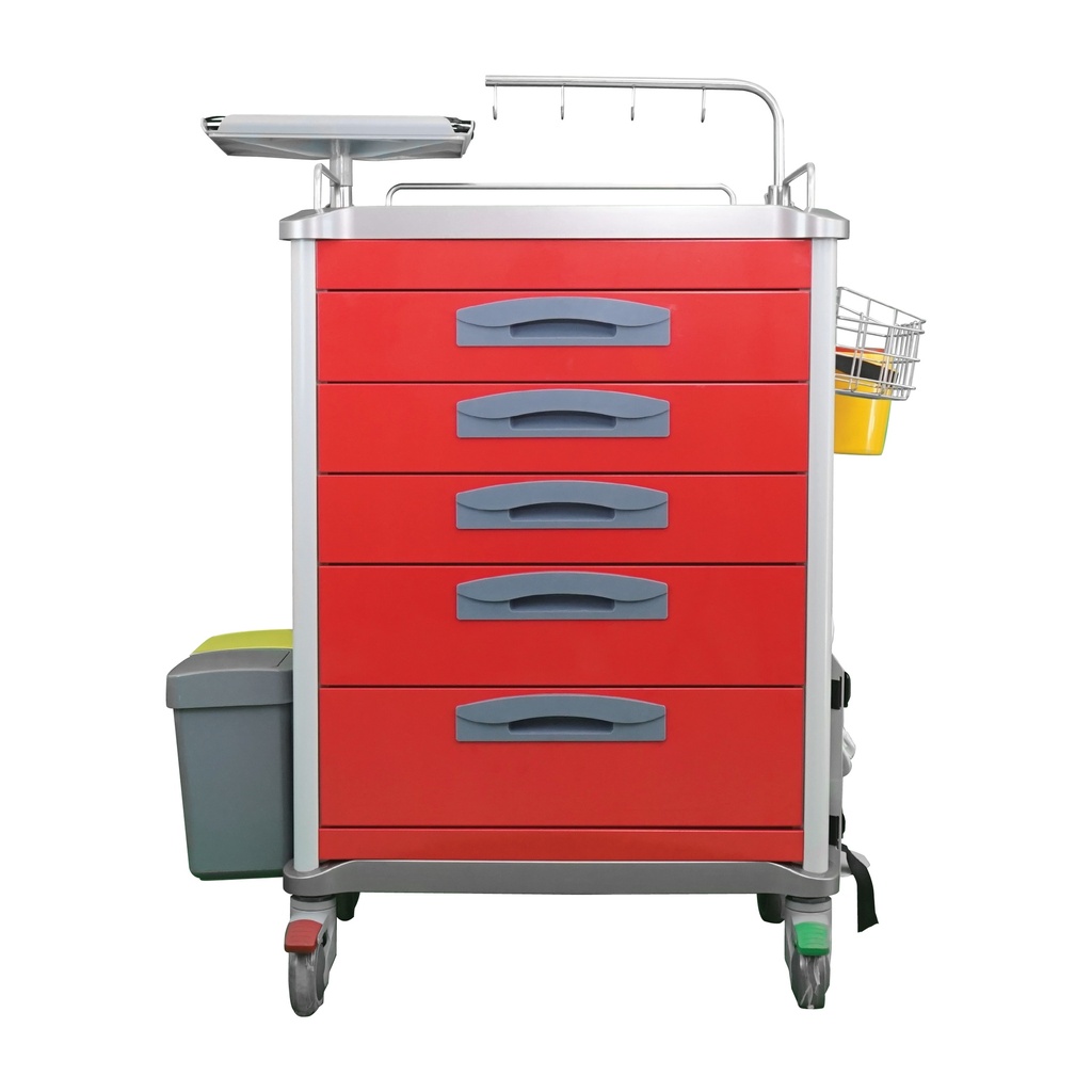 TASK MEDICAL PREMIUM EMERGENCY TROLLEY 5 DRAWERS DEFIB SHELD IV POLE & ACCESSORIES 70(W)X48(D)X97(H)CM EACH