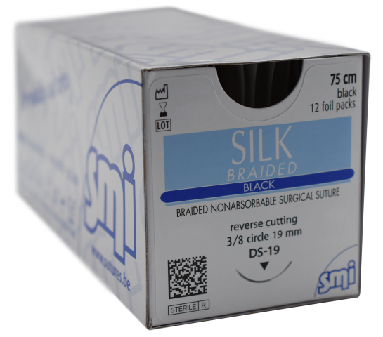 SMI SILK SUTURES 0 30MM NEEDLE 3/8 REVERSE CUTTING 75CM THREAD BLACK SM8351530 - Box of 12