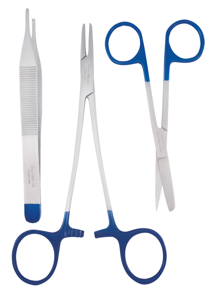 SAYCO SUTURE PACK STERILE DISP. WITH SHARP-BLUNT SCISSORS 1X (WAGNER SCISSORS, MAYO HEGAR N/HOLDER, ADSON FORCEP) BSU902