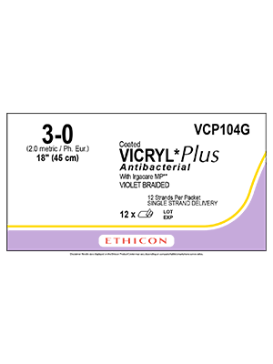 COATED VICRYL* PLUS ANTIBACTERIAL SUTURE ABSORBABLE VIOLET 3-0 45CM NON NEEDLED - BOX/12 (VCP104G)