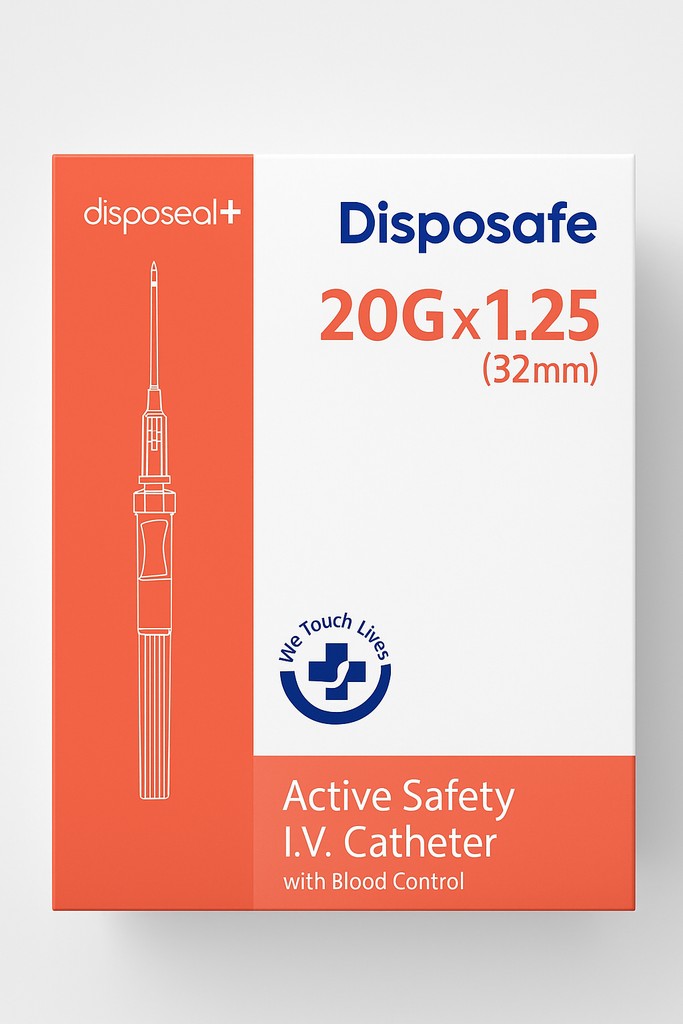 DISPOSAFE DISPOSEAL ACTIVE SAFETY I.V. CATHETER WITH BLOOD CONTROL 20G x 1.25" (32mm) - Box of 50